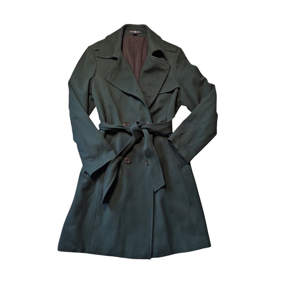 GAP Women’s Green Wool Blend Belted Double Breasted Trench Coat Long Jacket XL